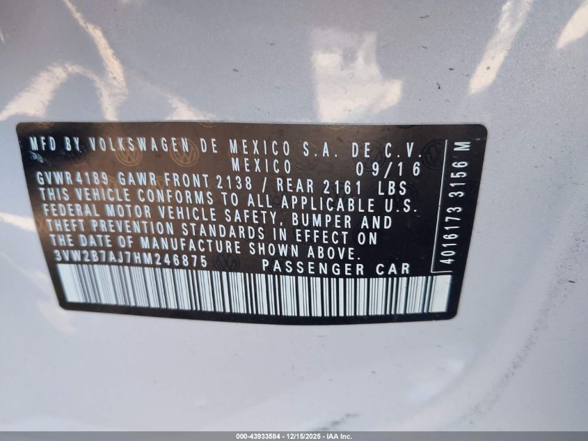 2017 Volkswagen Jetta 1.4T S VIN: 3VW2B7AJ7HM246875 Lot: 43933584