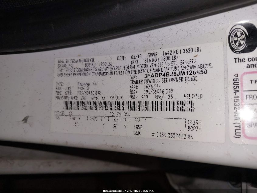 2018 Ford Fiesta Se VIN: 3FADP4BJ8JM126850 Lot: 43933588