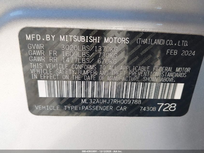2024 Mitsubishi Mirage Es/Le VIN: ML32AUHJ7RH009788 Lot: 43933591