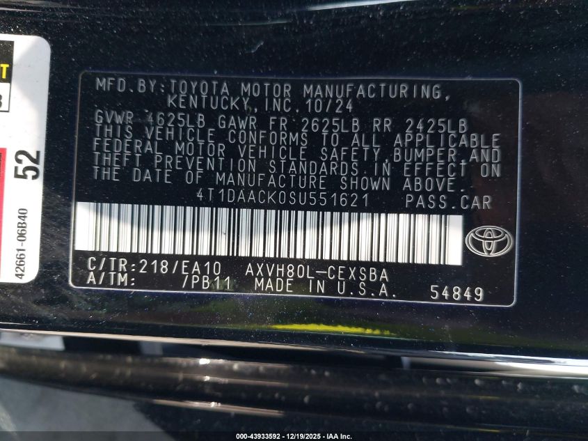 2025 Toyota Camry Se VIN: 4T1DAACK0SU551621 Lot: 43933592