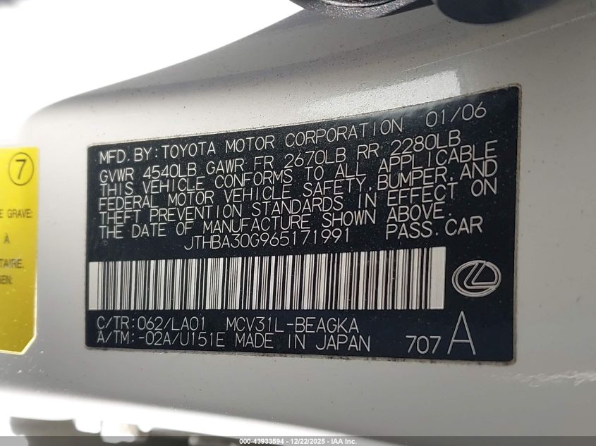 2006 Lexus Es 330 VIN: JTHBA30G965171991 Lot: 43933594