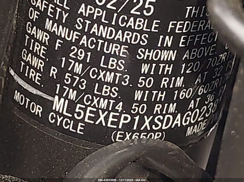 2025 Kawasaki Ex650 P VIN: ML5EXEP1XSDAG0238 Lot: 43933595