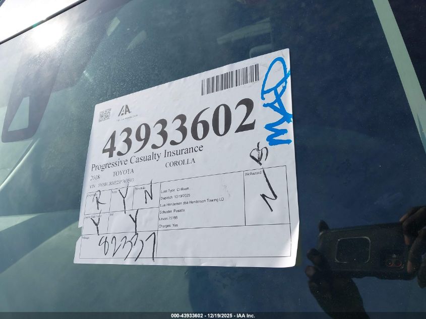 2018 Toyota Corolla Le VIN: 5YFBURHE2JP763503 Lot: 43933602