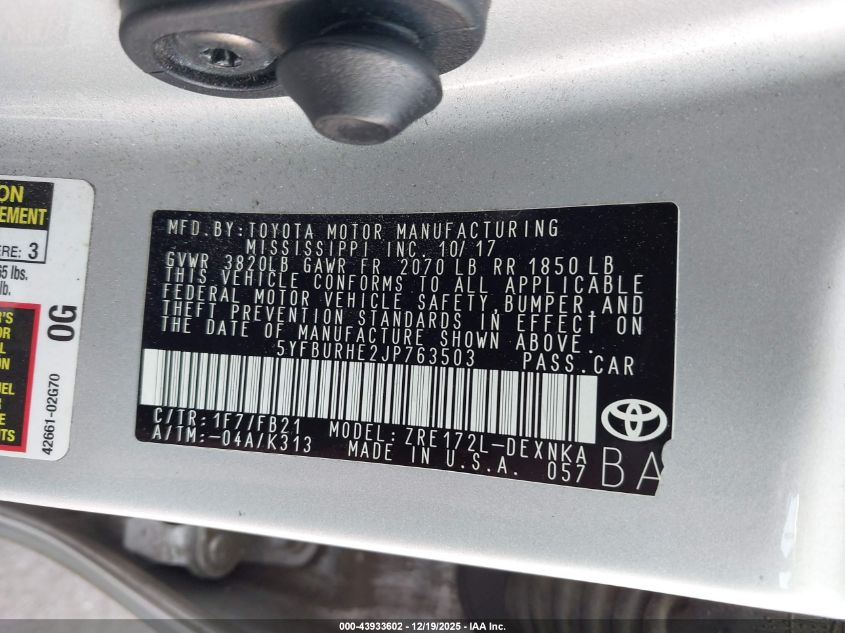 2018 Toyota Corolla Le VIN: 5YFBURHE2JP763503 Lot: 43933602