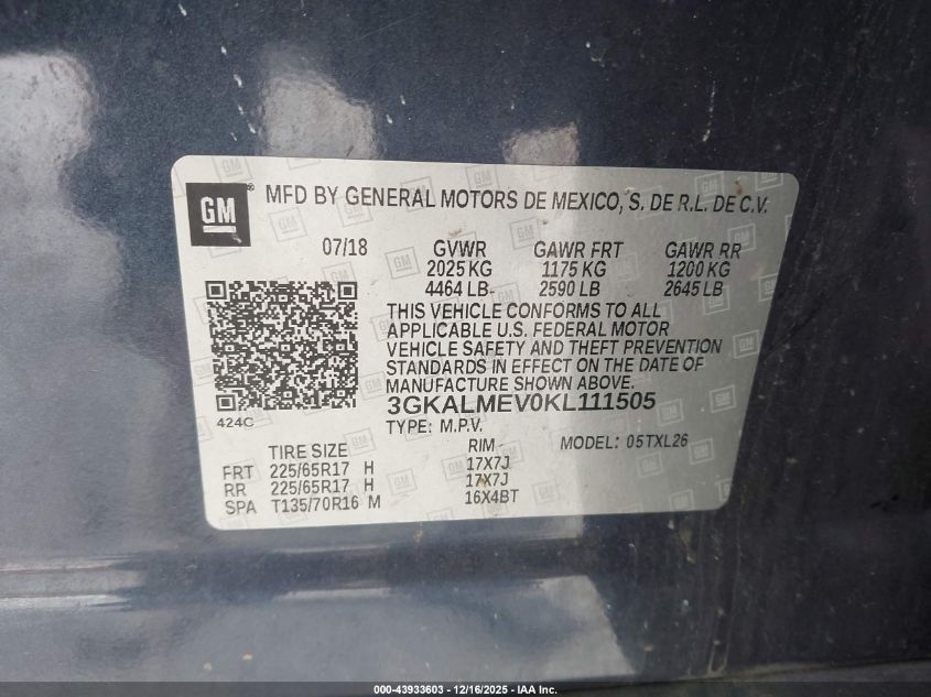 2019 GMC Terrain Sle VIN: 3GKALMEV0KL111505 Lot: 43933603