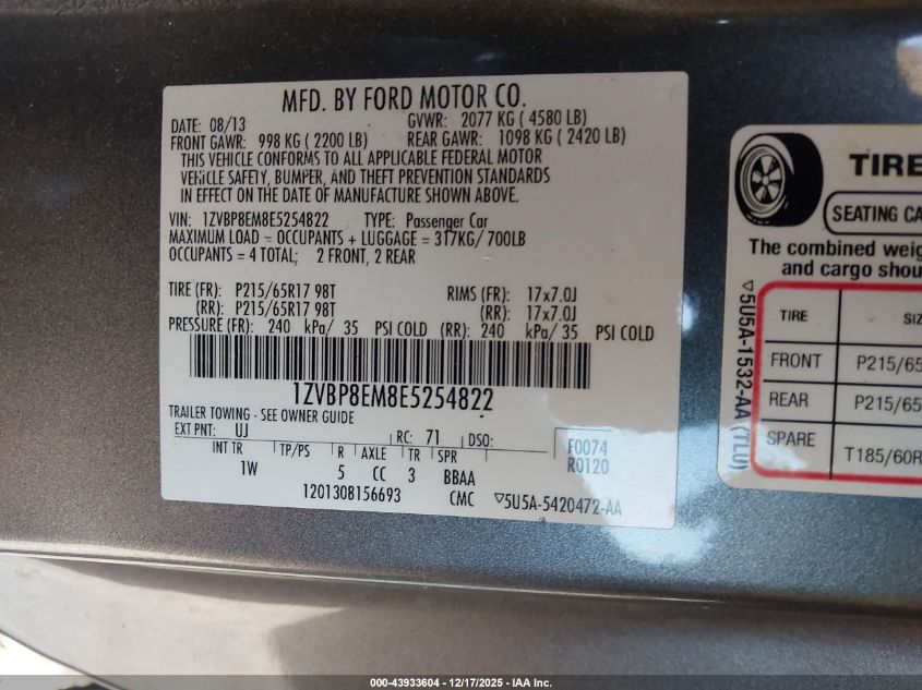 2014 Ford Mustang V6 VIN: 1ZVBP8EM8E5254822 Lot: 43933604