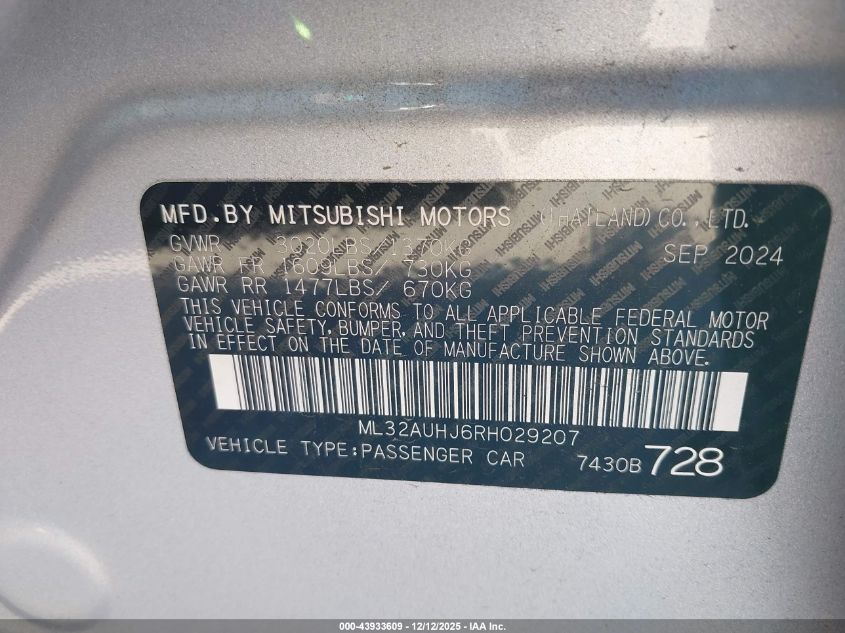 2024 Mitsubishi Mirage Es/Le VIN: ML32AUHJ6RH029207 Lot: 43933609