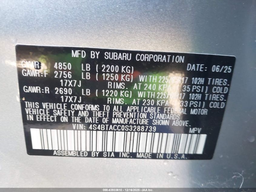 2025 Subaru Outback Premium VIN: 4S4BTACC0S3288739 Lot: 43933610