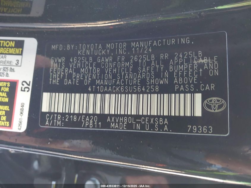 2025 Toyota Camry Se VIN: 4T1DAACK6SU564258 Lot: 43933611