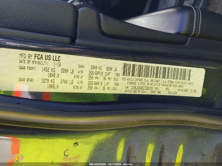 2016 Jeep Grand Cherokee Limited VIN: 1C4RJEBG8GC329193 Lot: 43933620