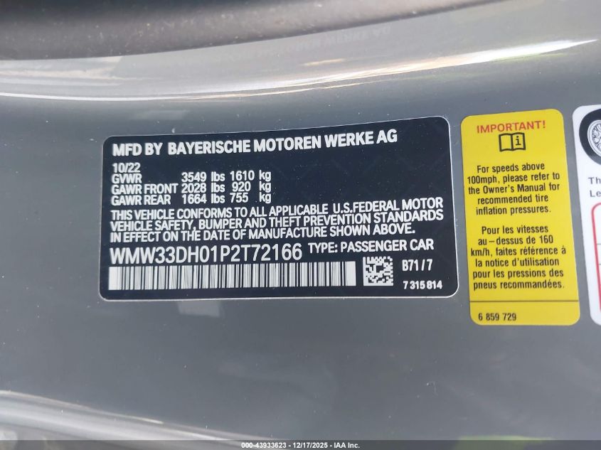 2023 Mini Hardtop Cooper VIN: WMW33DH01P2T72166 Lot: 43933623