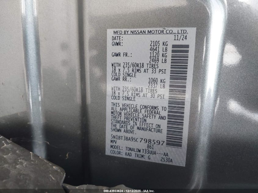 2025 Nissan Rogue Sv Fwd VIN: 5N1BT3BA9SC798597 Lot: 43933624