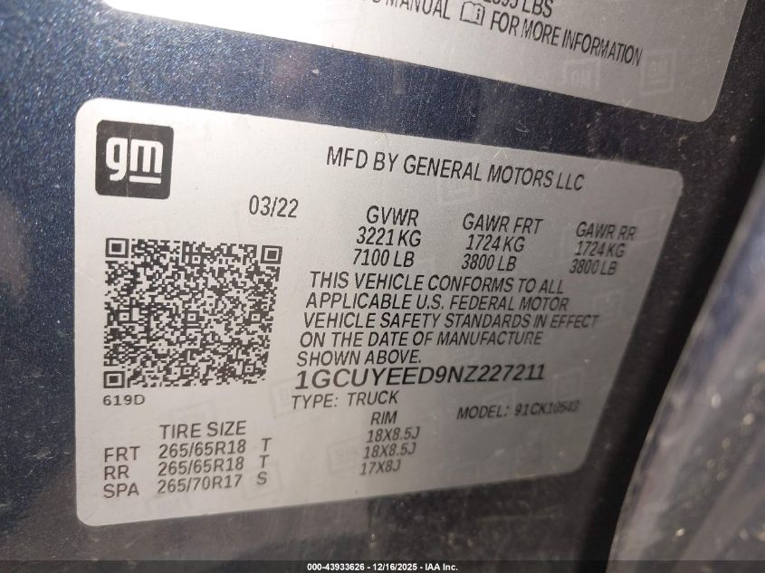 2022 Chevrolet Silverado 1500 Ltd 4Wd Short Bed Rst VIN: 1GCUYEED9NZ227211 Lot: 43933626