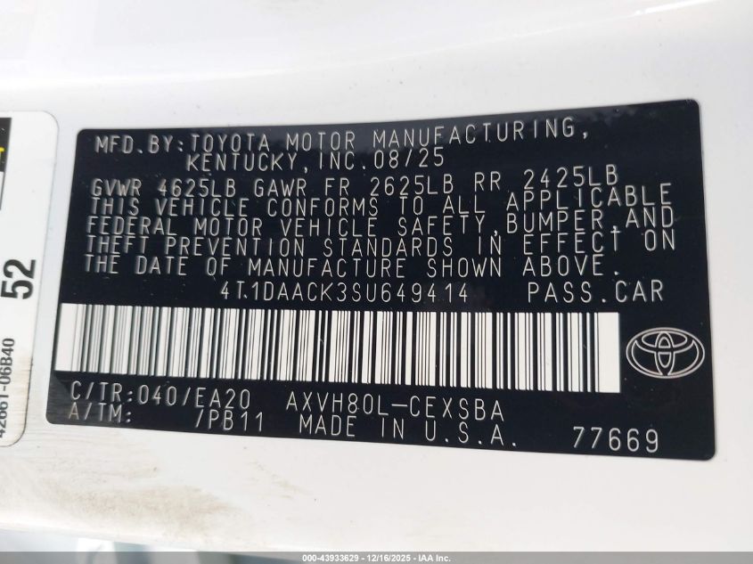 2025 Toyota Camry Se VIN: 4T1DAACK3SU649414 Lot: 43933629