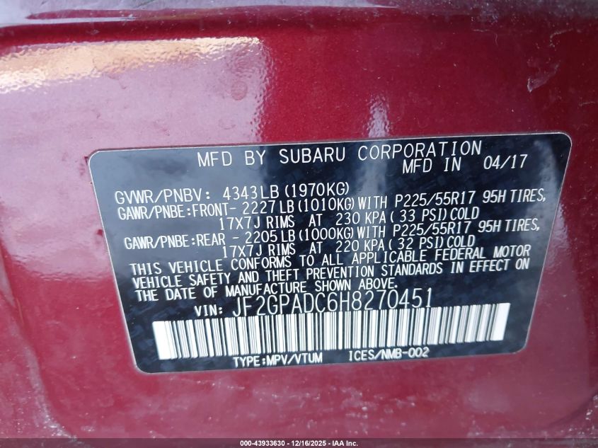 2017 Subaru Crosstrek 2.0I Premium VIN: JF2GPADC6H8270451 Lot: 43933630