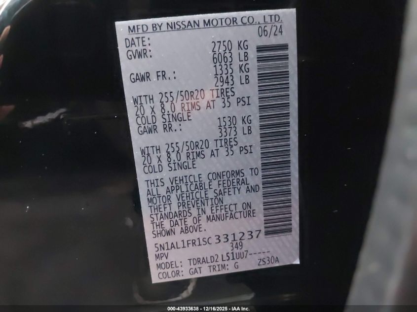 2025 Infiniti Qx60 Luxe VIN: 5N1AL1FR1SC331237 Lot: 43933638