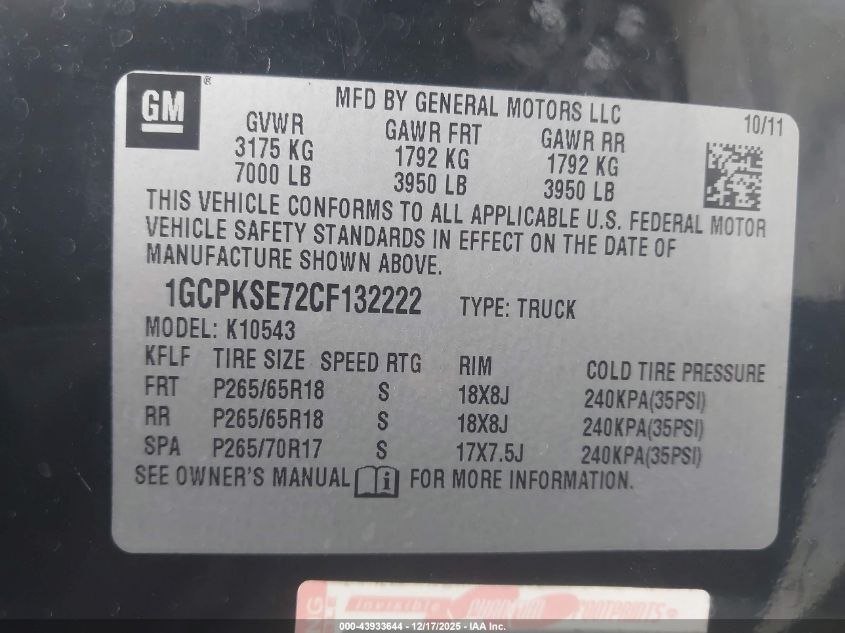 2012 Chevrolet Silverado 1500 Lt VIN: 1GCPKSE72CF132222 Lot: 43933644