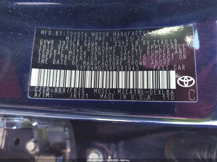 2024 Toyota Corolla Le VIN: 5YFB4MDE5RP083843 Lot: 43933645