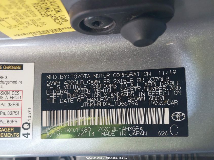 2020 Toyota C-Hr Xle VIN: JTNKHMBXXL1066794 Lot: 43933651