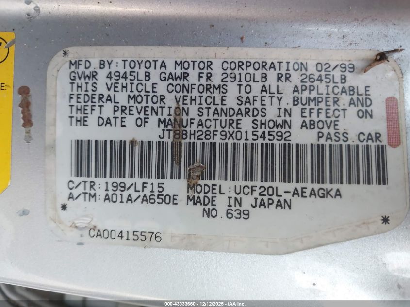 1999 Lexus Ls 400 VIN: JT8BH28F9X0154592 Lot: 43933660