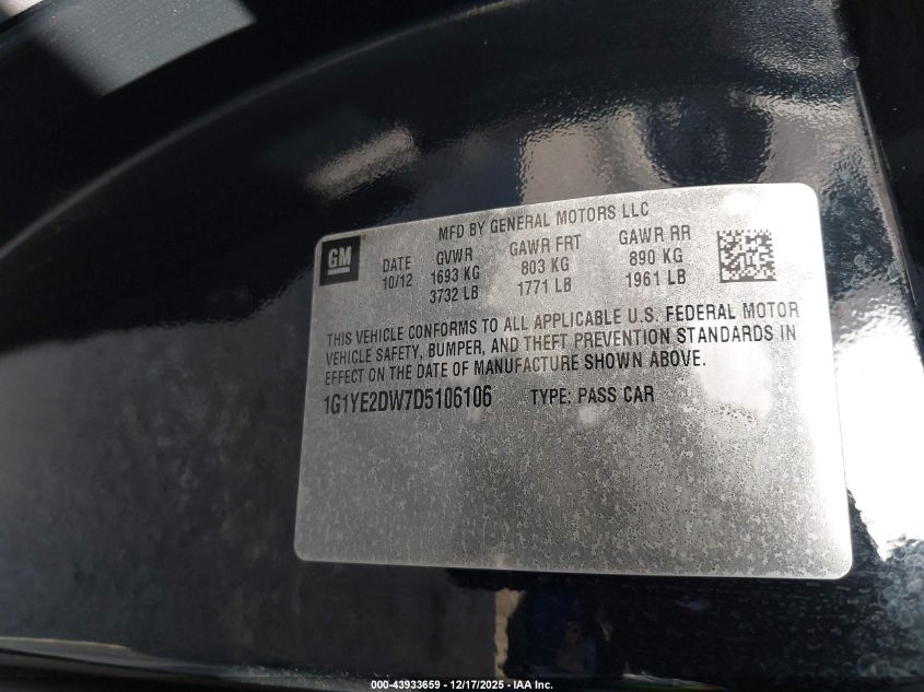 2013 Chevrolet Corvette VIN: 1G1YE2DW7D5106106 Lot: 43933659