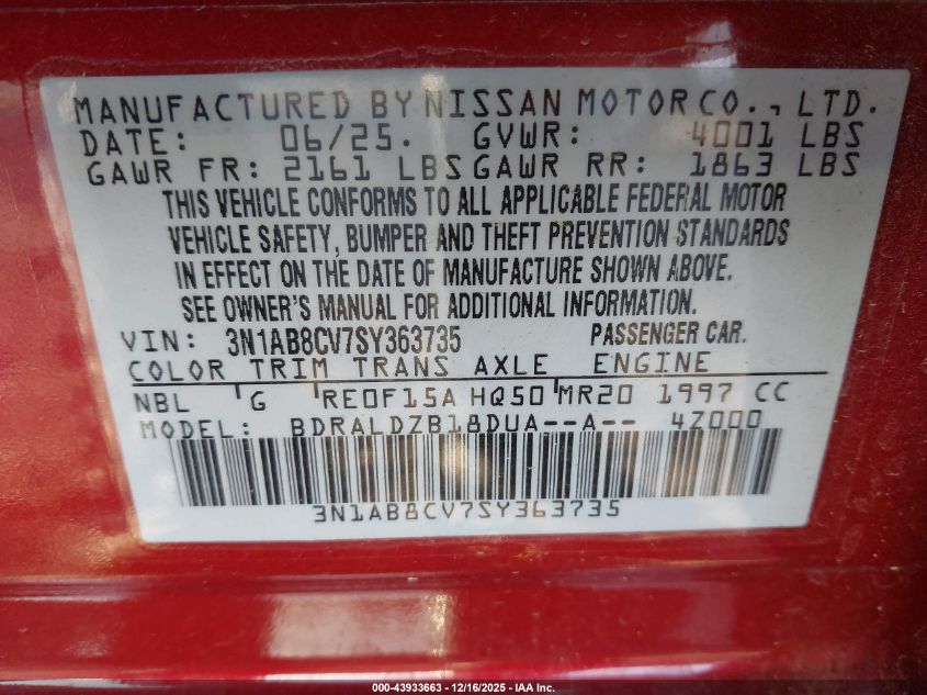 2025 Nissan Sentra Sv VIN: 3N1AB8CV7SY363735 Lot: 43933663