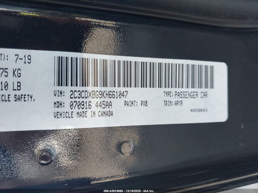 2019 Dodge Charger Sxt Rwd VIN: 2C3CDXBG9KH661047 Lot: 43933666