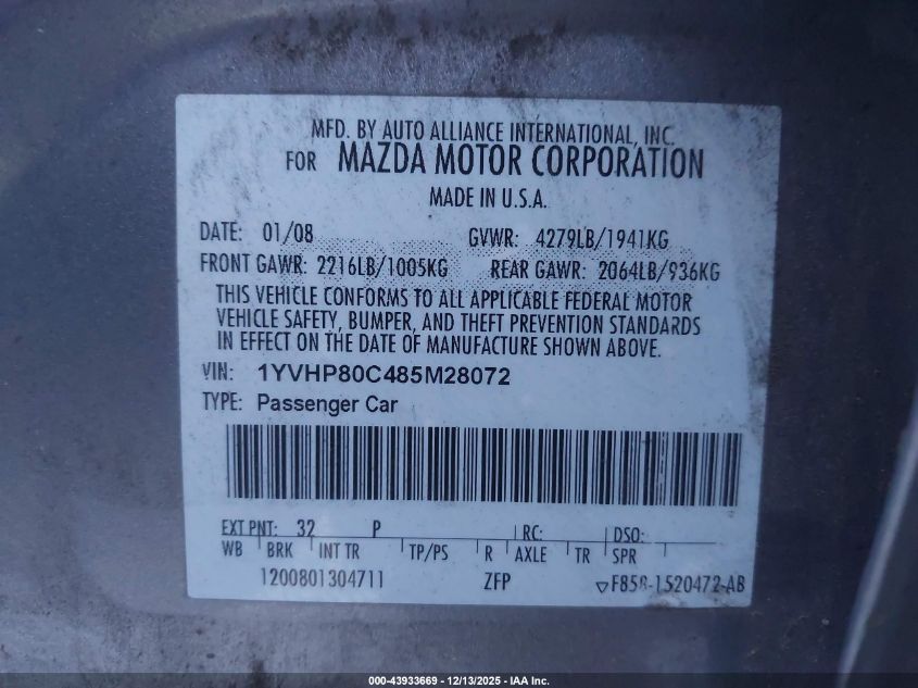 2008 Mazda Mazda6 I Sport Ve VIN: 1YVHP80C485M28072 Lot: 43933669