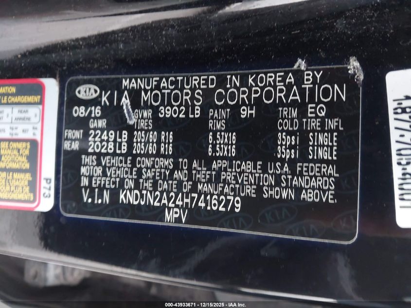 2017 Kia Soul VIN: KNDJN2A24H7416279 Lot: 43933671