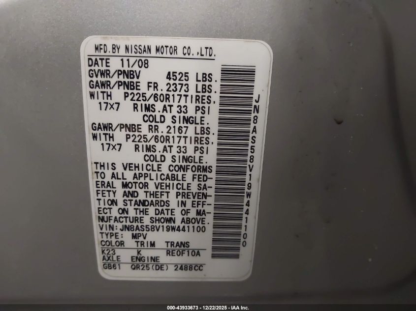 2009 Nissan Rogue Sl VIN: JN8AS58V19W441100 Lot: 43933673