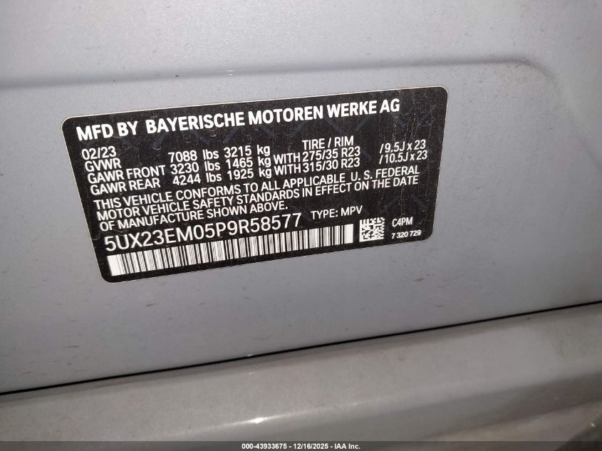 2023 BMW X7 xDrive40I VIN: 5UX23EM05P9R58577 Lot: 43933675