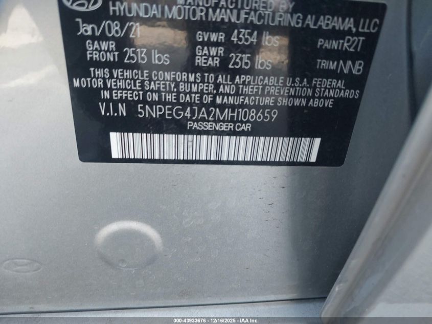 2021 Hyundai Sonata Se VIN: 5NPEG4JA2MH108659 Lot: 43933676