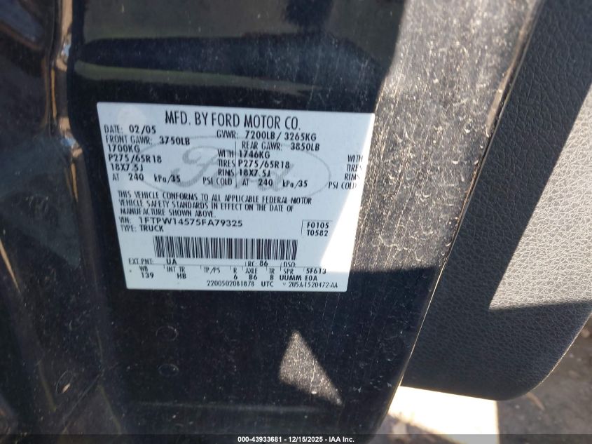 2005 Ford F-150 Fx4/Lariat/Xlt VIN: 1FTPW14575FA79325 Lot: 43933681