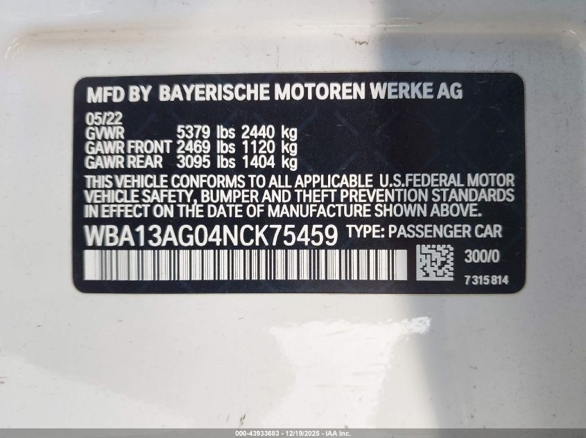 2022 BMW 530E VIN: WBA13AG04NCK75459 Lot: 43933683