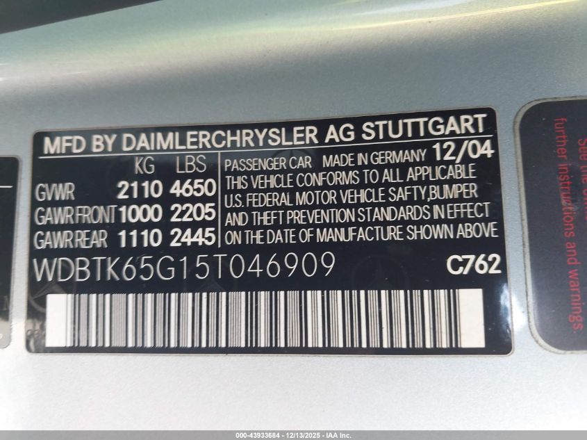 2005 Mercedes-Benz Clk 320 VIN: WDBTK65G15T046909 Lot: 43933684