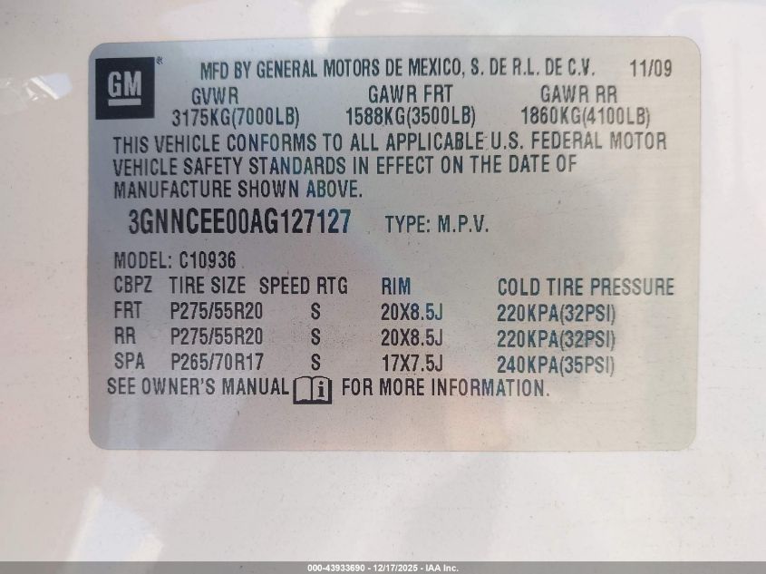 2010 Chevrolet Avalanche 1500 Ls VIN: 3GNNCEE00AG127127 Lot: 43933690