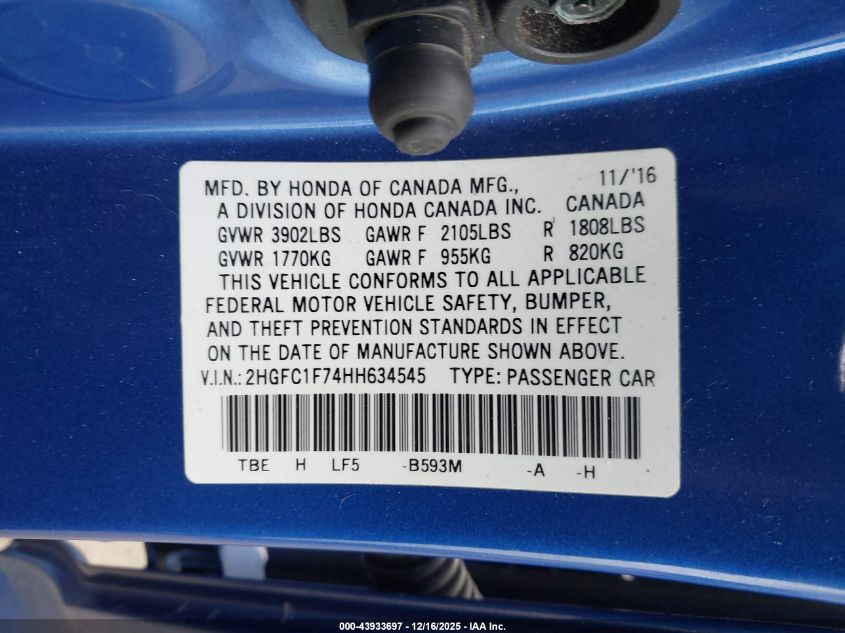 2017 Honda Civic Ex-L VIN: 2HGFC1F74HH634545 Lot: 43933697