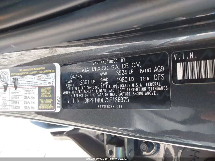 2025 Kia K4 Lxs VIN: 3KPFT4DE7SE136375 Lot: 43933704
