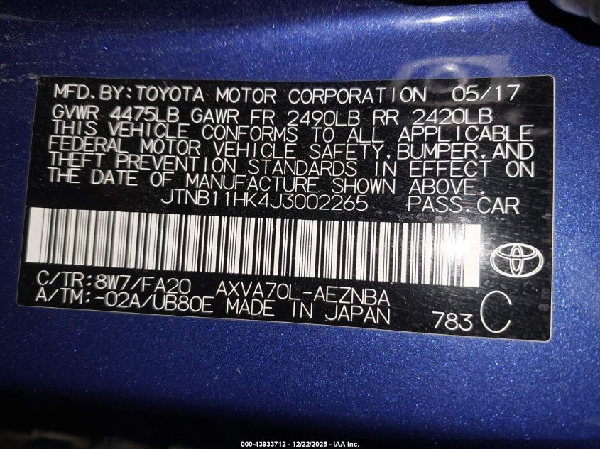 2018 Toyota Camry Le VIN: JTNB11HK4J3002265 Lot: 43933712