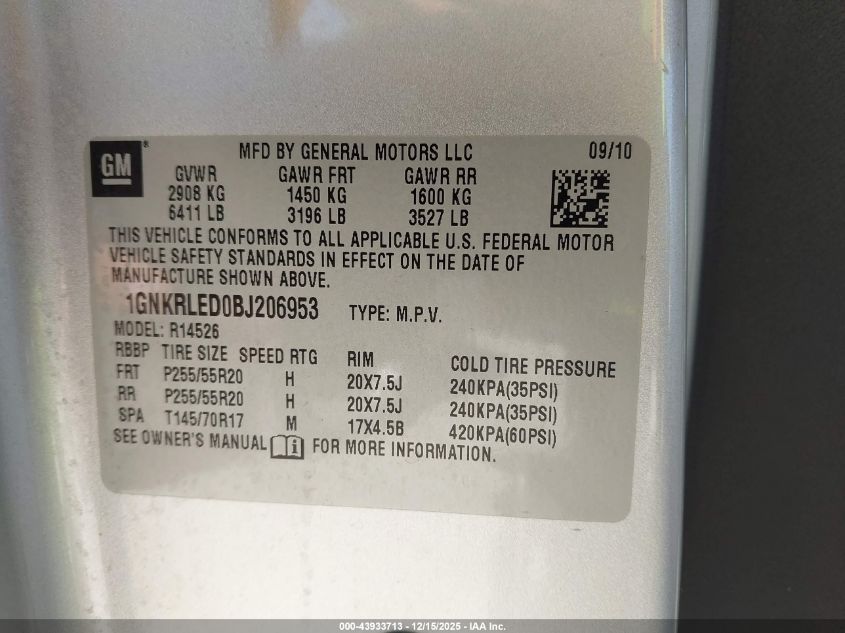 2011 Chevrolet Traverse Ltz VIN: 1GNKRLED0BJ206953 Lot: 43933713