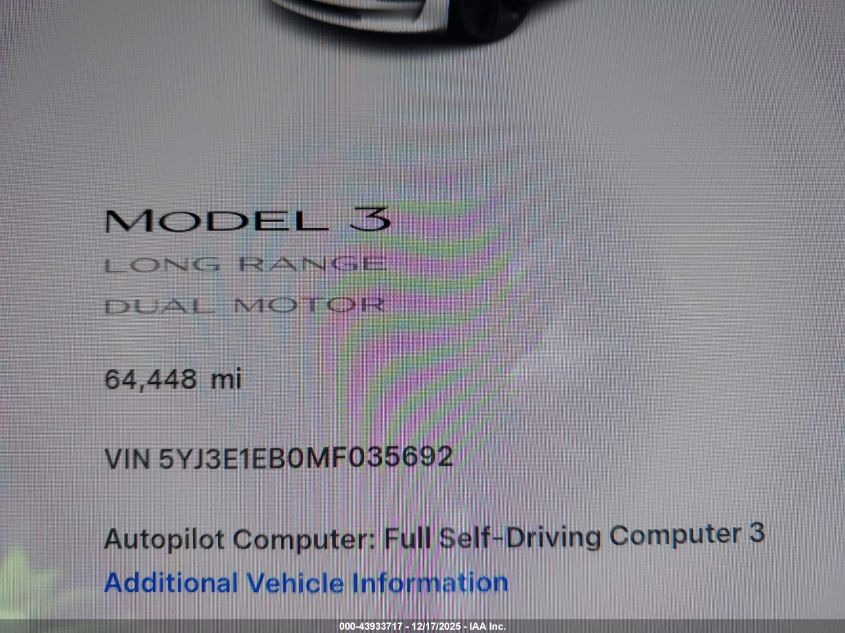 2021 Tesla Model 3 Long Range Dual Motor All-Wheel Drive VIN: 5YJ3E1EB0MF035692 Lot: 43933717