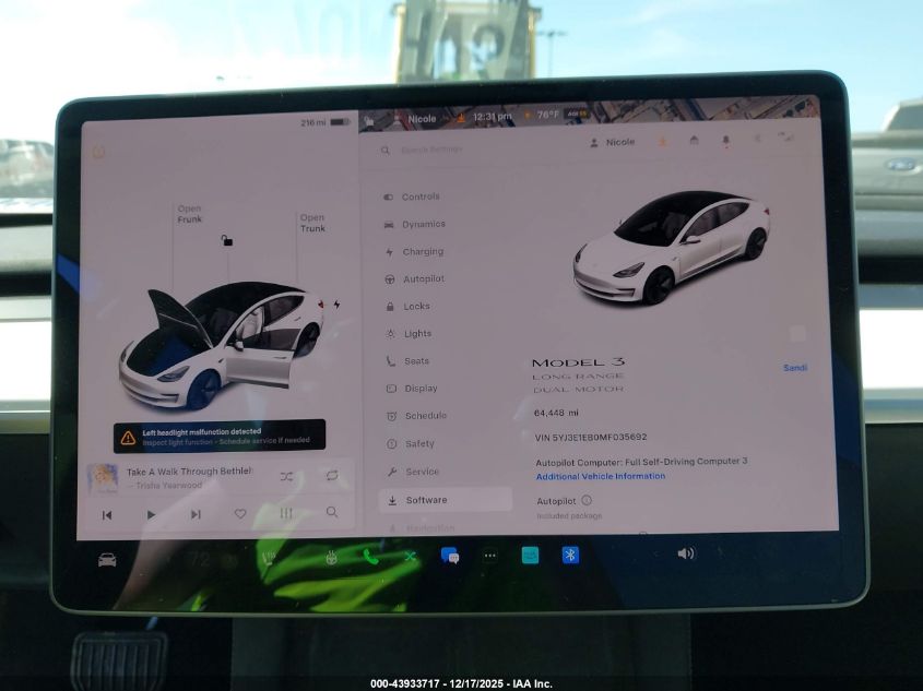 2021 Tesla Model 3 Long Range Dual Motor All-Wheel Drive VIN: 5YJ3E1EB0MF035692 Lot: 43933717