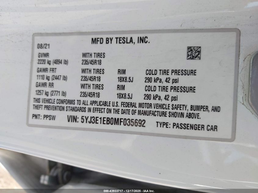 2021 Tesla Model 3 Long Range Dual Motor All-Wheel Drive VIN: 5YJ3E1EB0MF035692 Lot: 43933717
