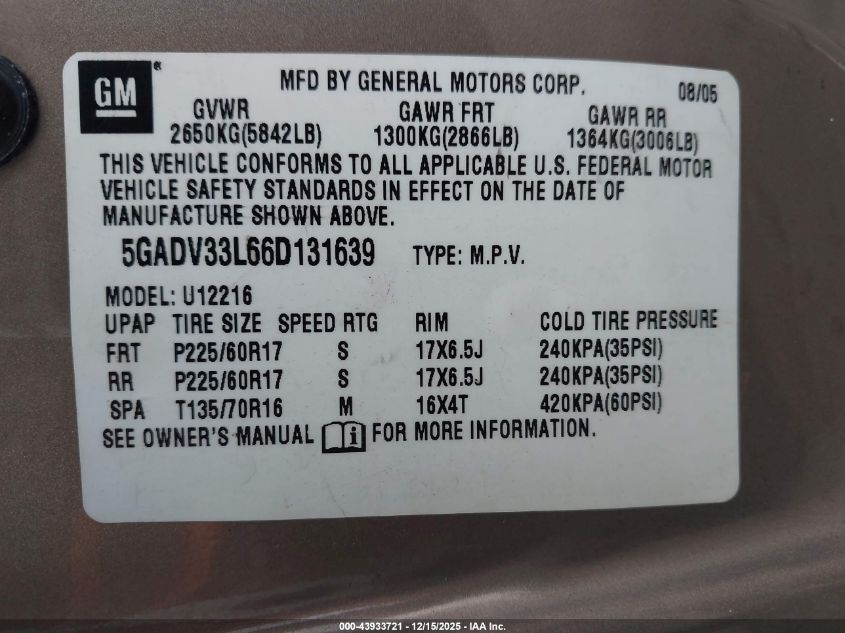 2006 Buick Terraza Cxl VIN: 5GADV33L66D131639 Lot: 43933721