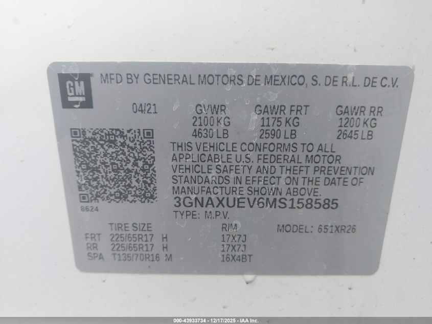 2021 Chevrolet Equinox Awd Lt VIN: 3GNAXUEV6MS158585 Lot: 43933734