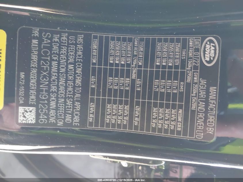 2022 Land Rover Discovery Sport S R-Dynamic VIN: SALCT2FX3NH912546 Lot: 43933735