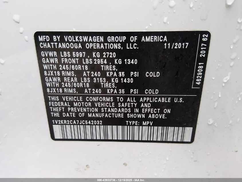 2018 Volkswagen Atlas 3.6L V6 Se VIN: 1V2KR2CA7JC542032 Lot: 43933736