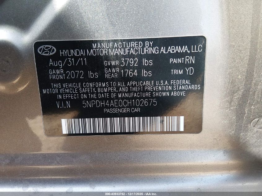 2012 Hyundai Elantra Gls VIN: 5NPDH4AE0CH102675 Lot: 43933752