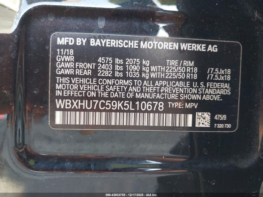 2019 BMW X1 Sdrive28I VIN: WBXHU7C59K5L10678 Lot: 43933755