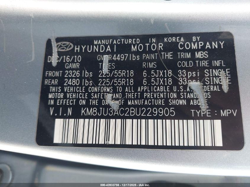 2011 Hyundai Tucson Limited VIN: KM8JU3AC2BU229905 Lot: 43933756